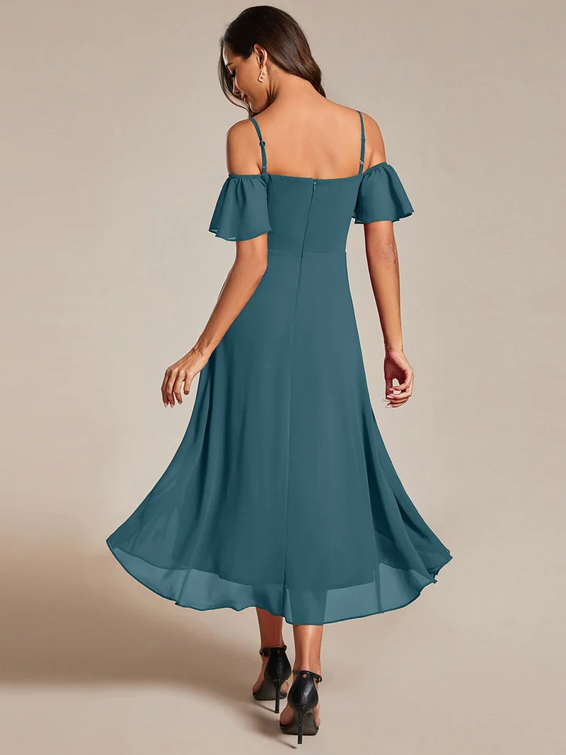 ever JORDANE|Robes d'invitées de mariage en mousseline épaules dénudées hautes et basses manches courtes (Vente finale)
