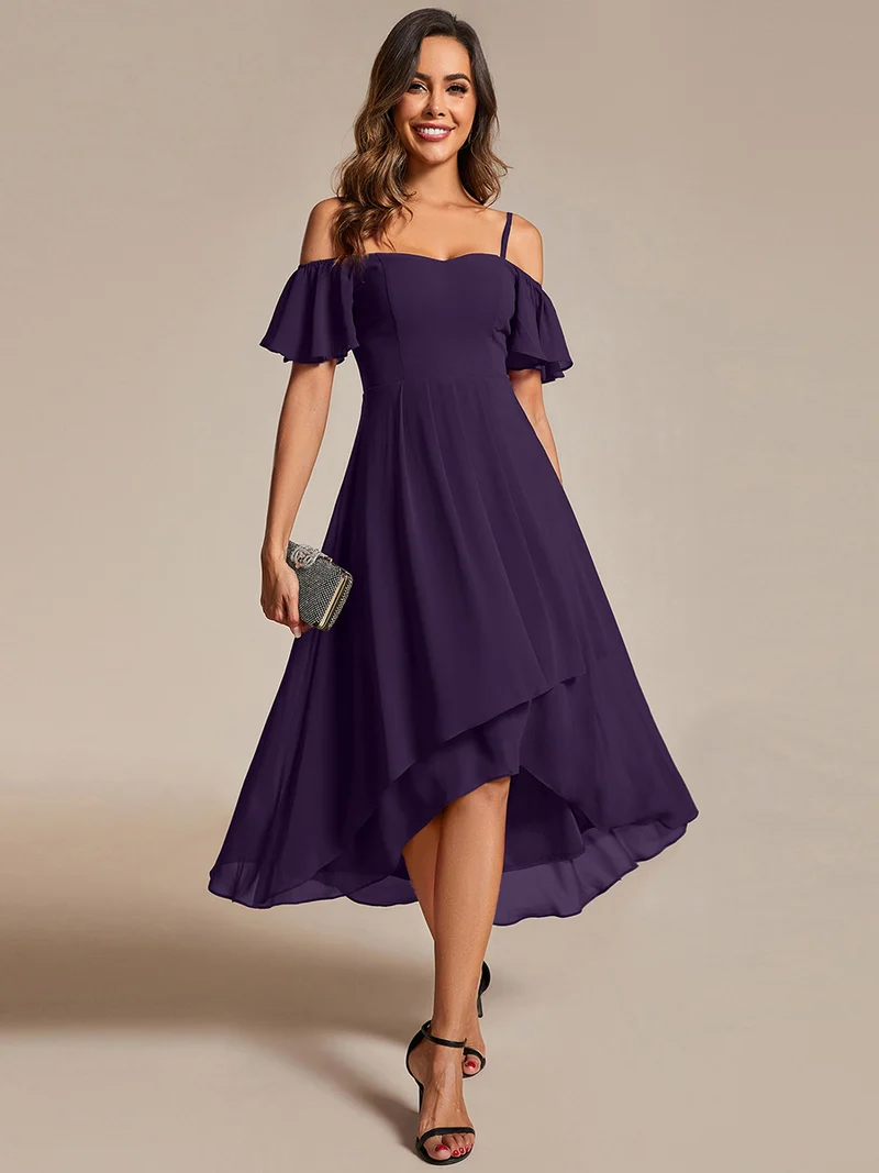 ever JORDANE|Robes d'invitées de mariage en mousseline épaules dénudées hautes et basses manches courtes