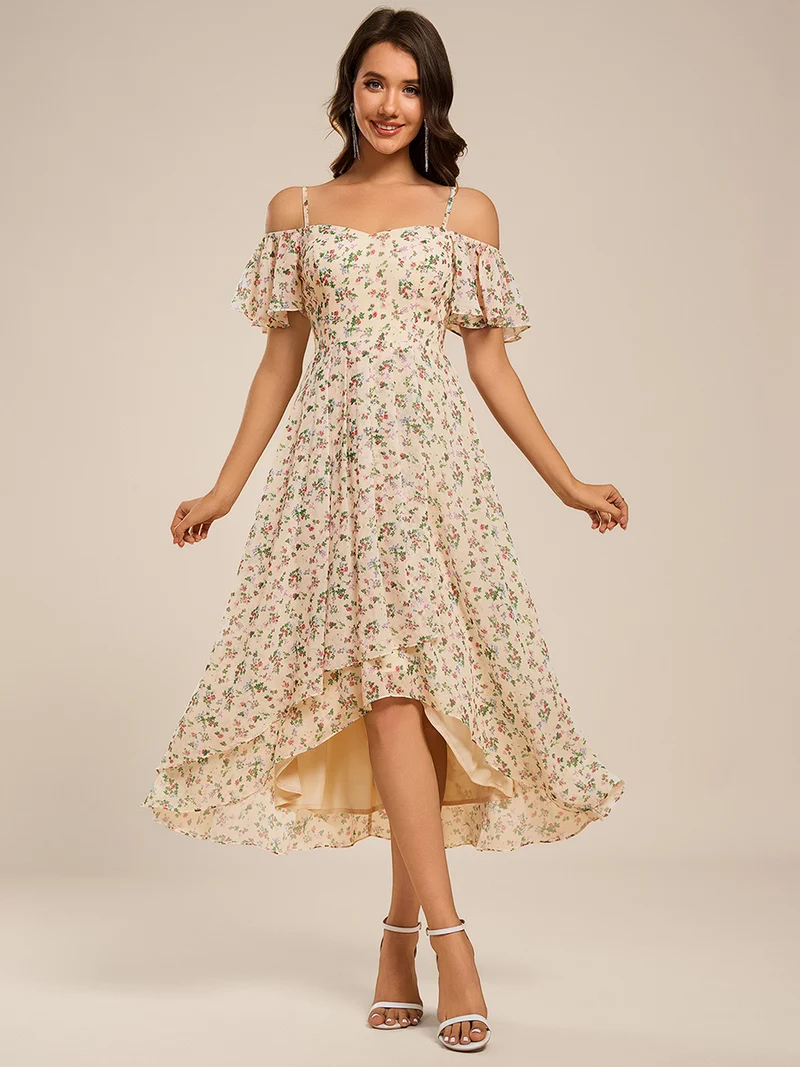 ever JORDANE|Robes d'invitées de mariage en mousseline épaules dénudées hautes et basses manches courtes