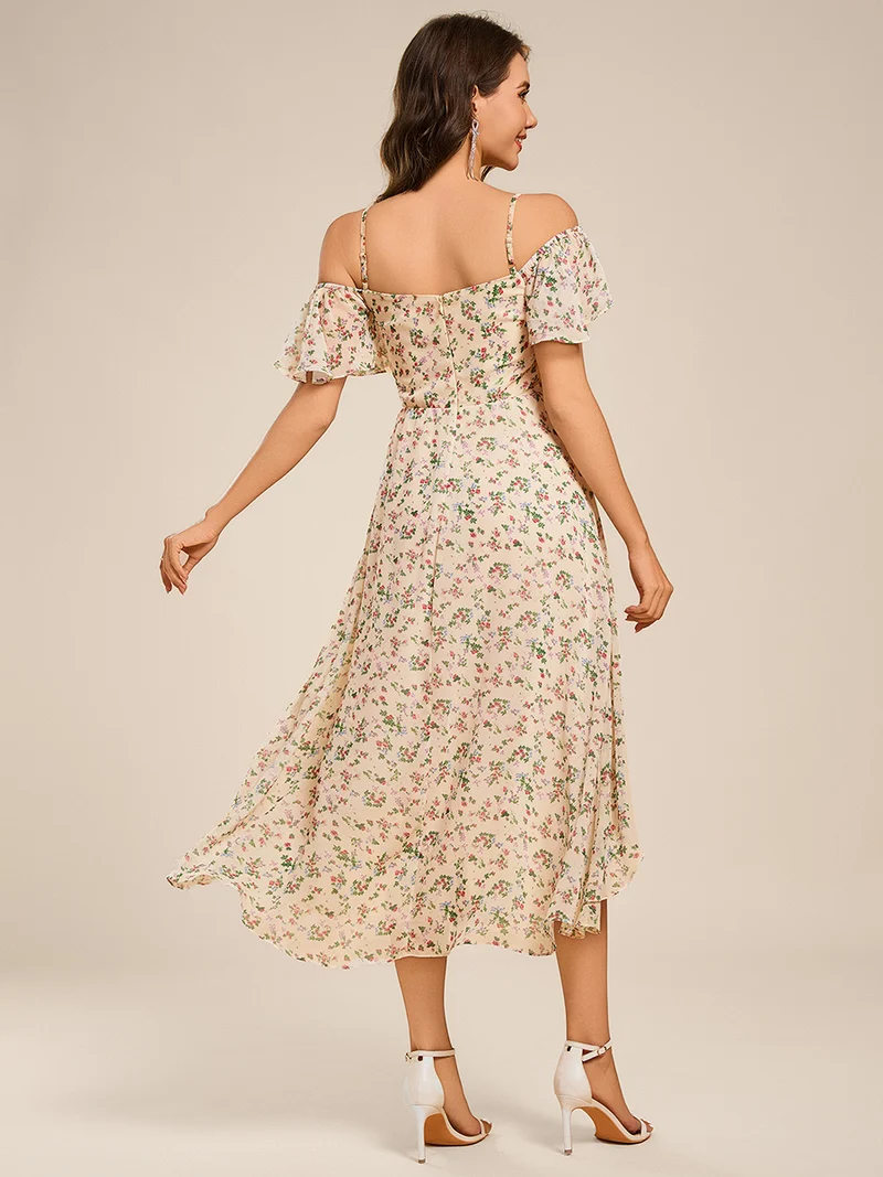 ever JORDANE|Robes d'invitées de mariage en mousseline épaules dénudées hautes et basses manches courtes