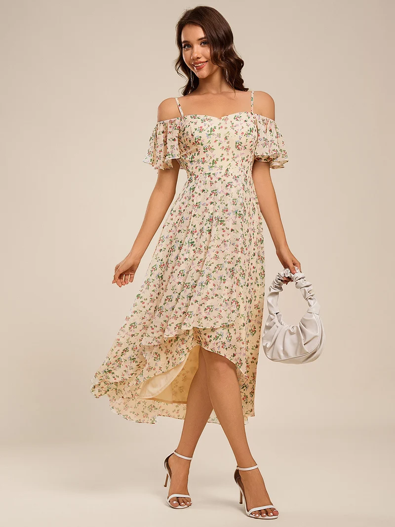 ever JORDANE|Robes d'invitées de mariage en mousseline épaules dénudées hautes et basses manches courtes