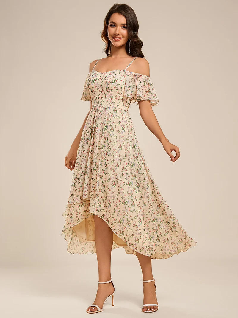 ever JORDANE|Robes d'invitées de mariage en mousseline épaules dénudées hautes et basses manches courtes