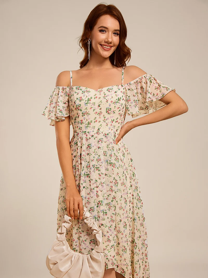 ever JORDANE|Robes d'invitées de mariage en mousseline épaules dénudées hautes et basses manches courtes