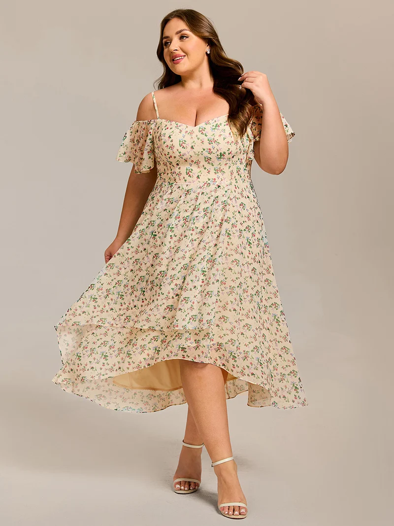 ever JORDANE|Robes d'invitées de mariage en mousseline épaules dénudées hautes et basses manches courtes