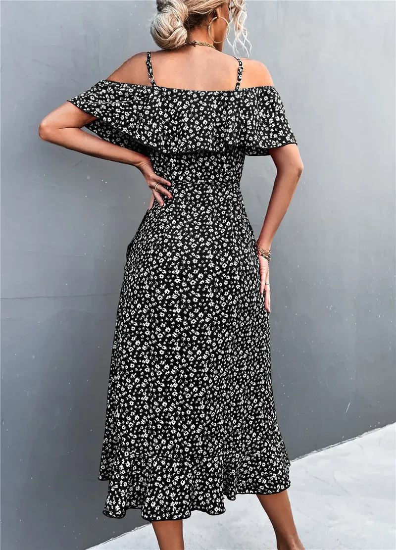 Robe d'été à bretelles et imprimé floral à volants