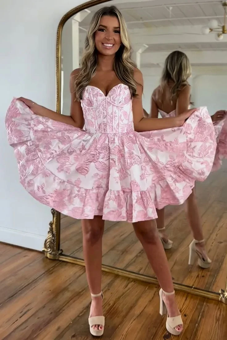 Robe de soirée trapèze en satin fleuri sans manches avec fermeture éclair et soutien-gorge intégré