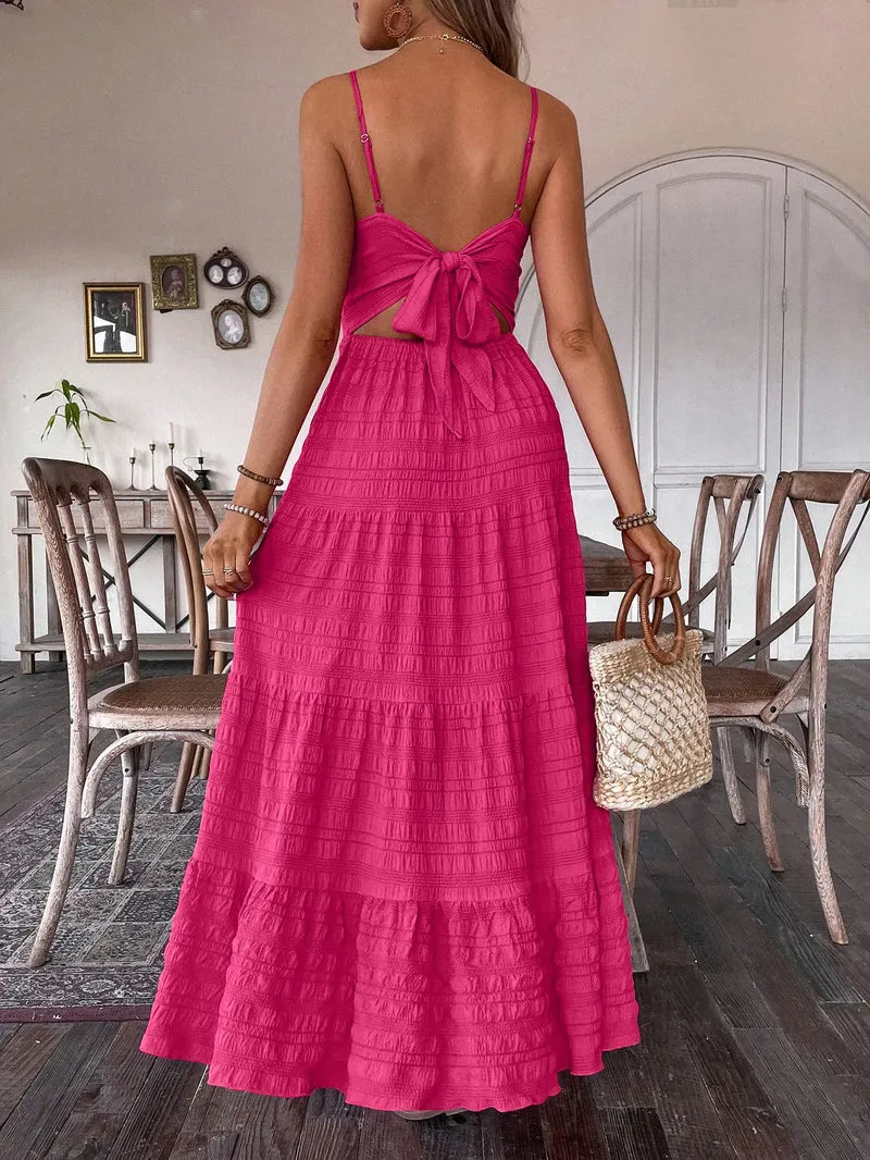 Robe été rose longue noeud romantique au dos