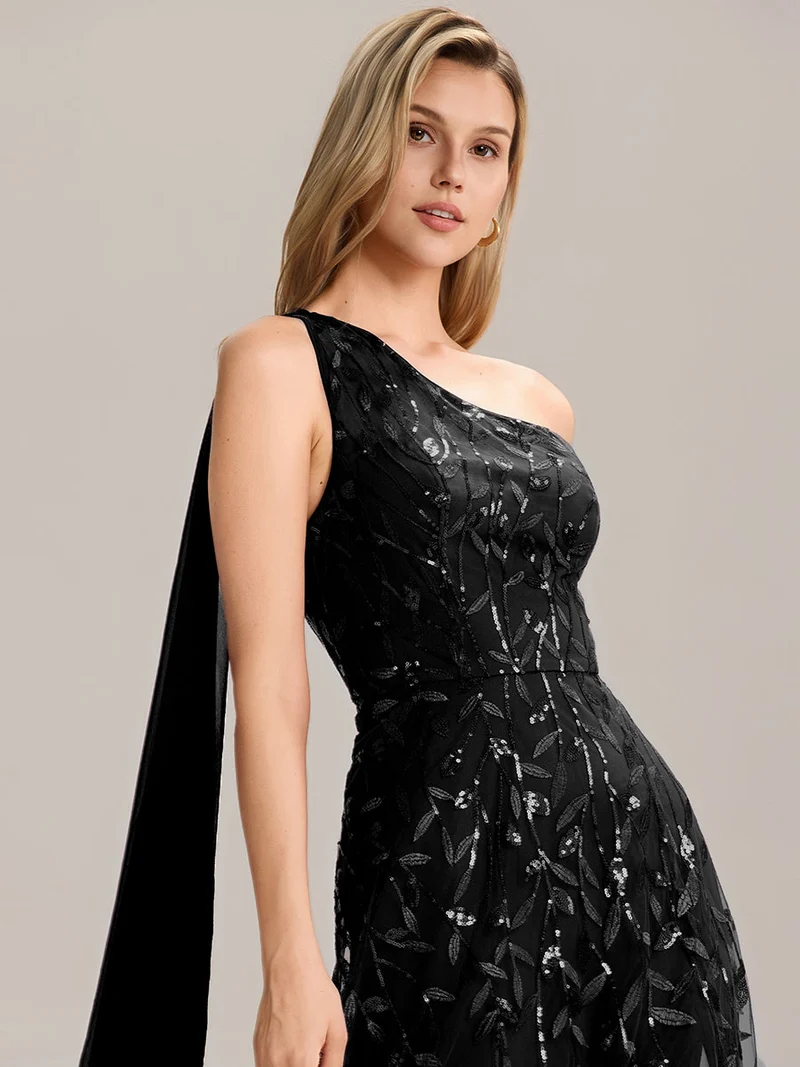 Robe d'invitée de mariage à une épaule et à paillettes avec rubans fluides