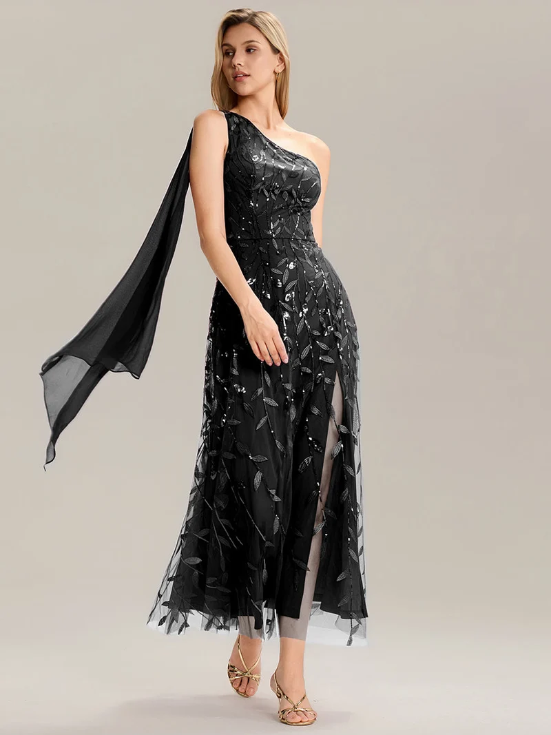 Robe d'invitée de mariage à une épaule et à paillettes avec rubans fluides