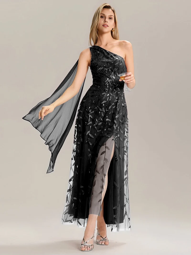 Robe d'invitée de mariage à une épaule et à paillettes avec rubans fluides
