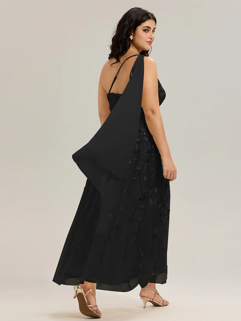 Robe d'invitée de mariage à une épaule et à paillettes avec rubans fluides