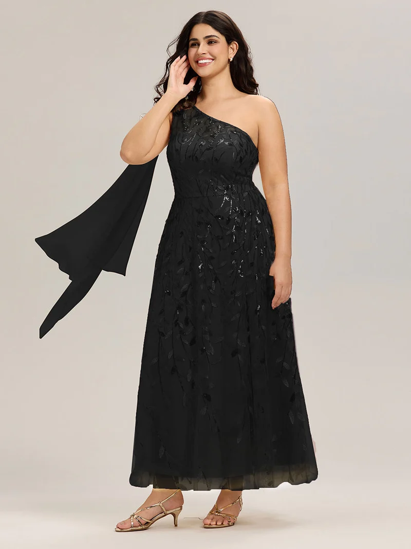 Robe d'invitée de mariage à une épaule et à paillettes avec rubans fluides