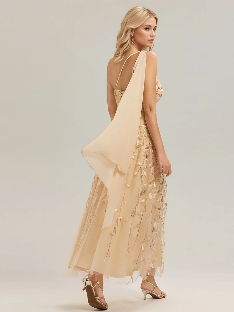 Robe d'invitée de mariage à une épaule et à paillettes avec rubans fluides