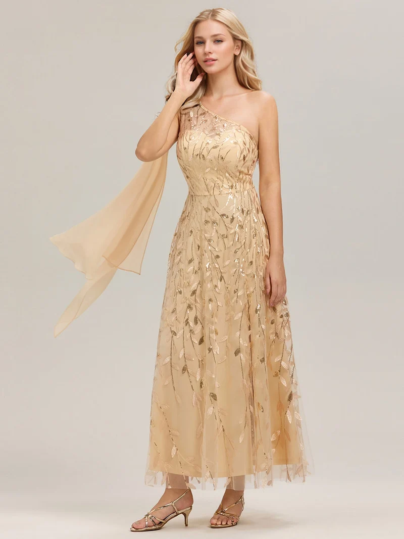 Robe d'invitée de mariage à une épaule et à paillettes avec rubans fluides