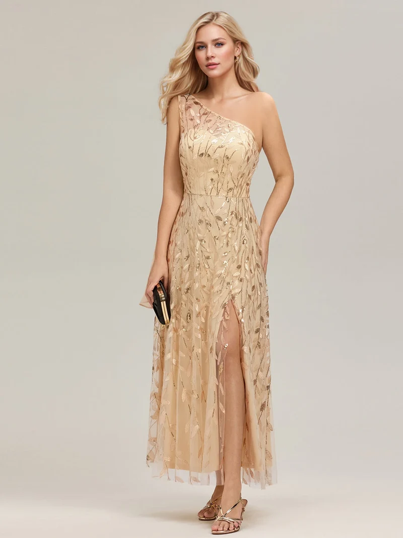 Robe d'invitée de mariage à une épaule et à paillettes avec rubans fluides
