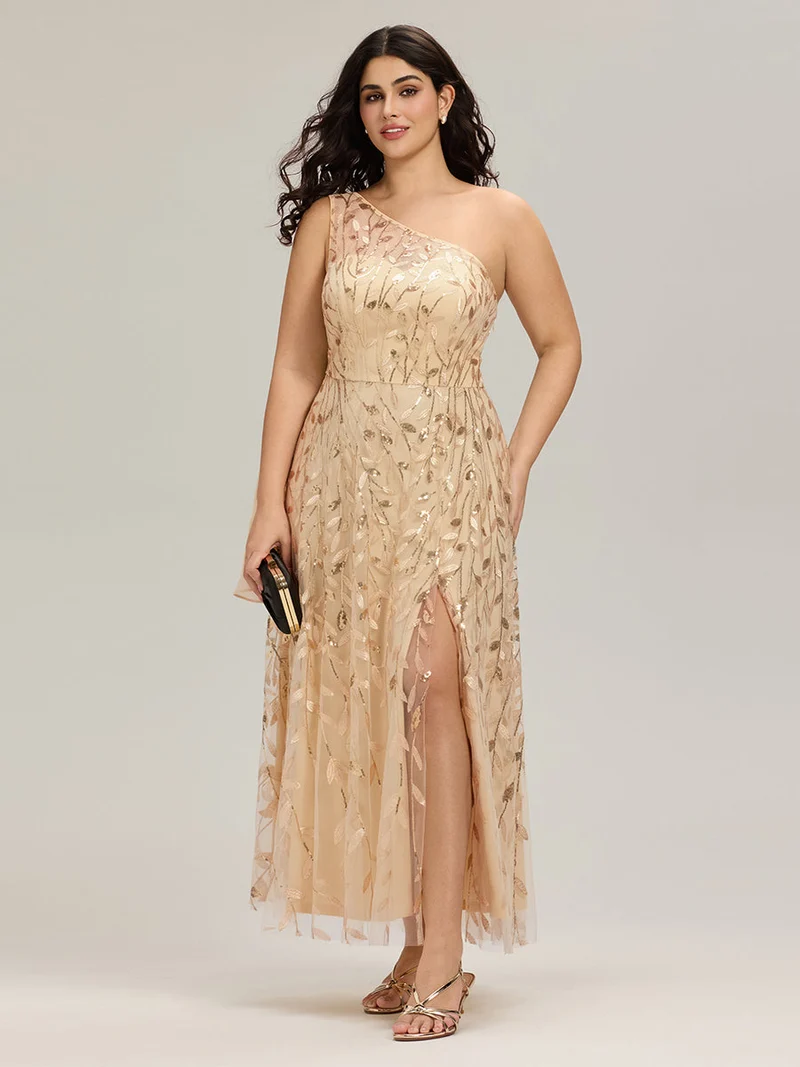 Robe d'invitée de mariage à une épaule et à paillettes avec rubans fluides