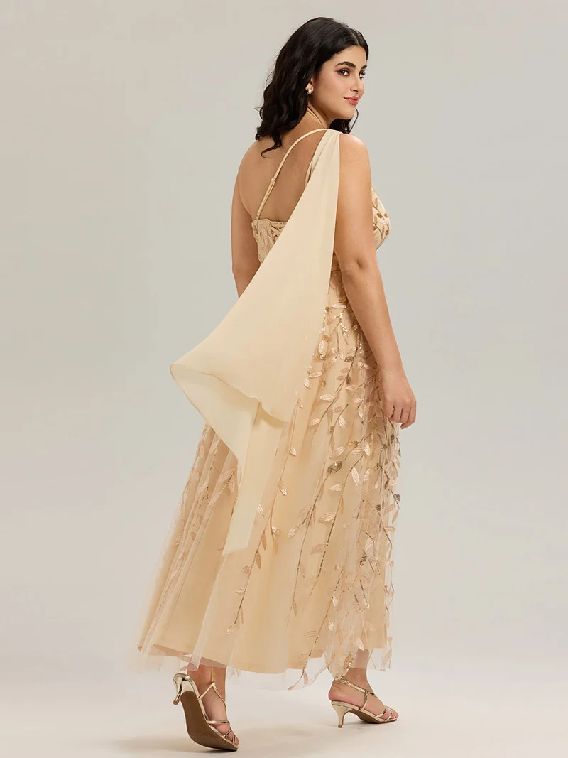 Robe d'invitée de mariage à une épaule et à paillettes avec rubans fluides