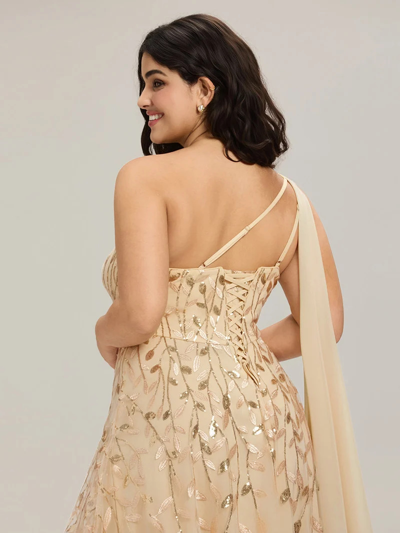 Robe d'invitée de mariage à une épaule et à paillettes avec rubans fluides