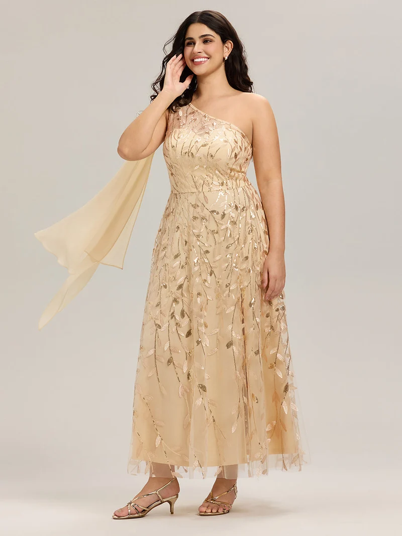 Robe d'invitée de mariage à une épaule et à paillettes avec rubans fluides