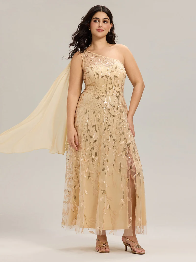 Robe d'invitée de mariage à une épaule et à paillettes avec rubans fluides