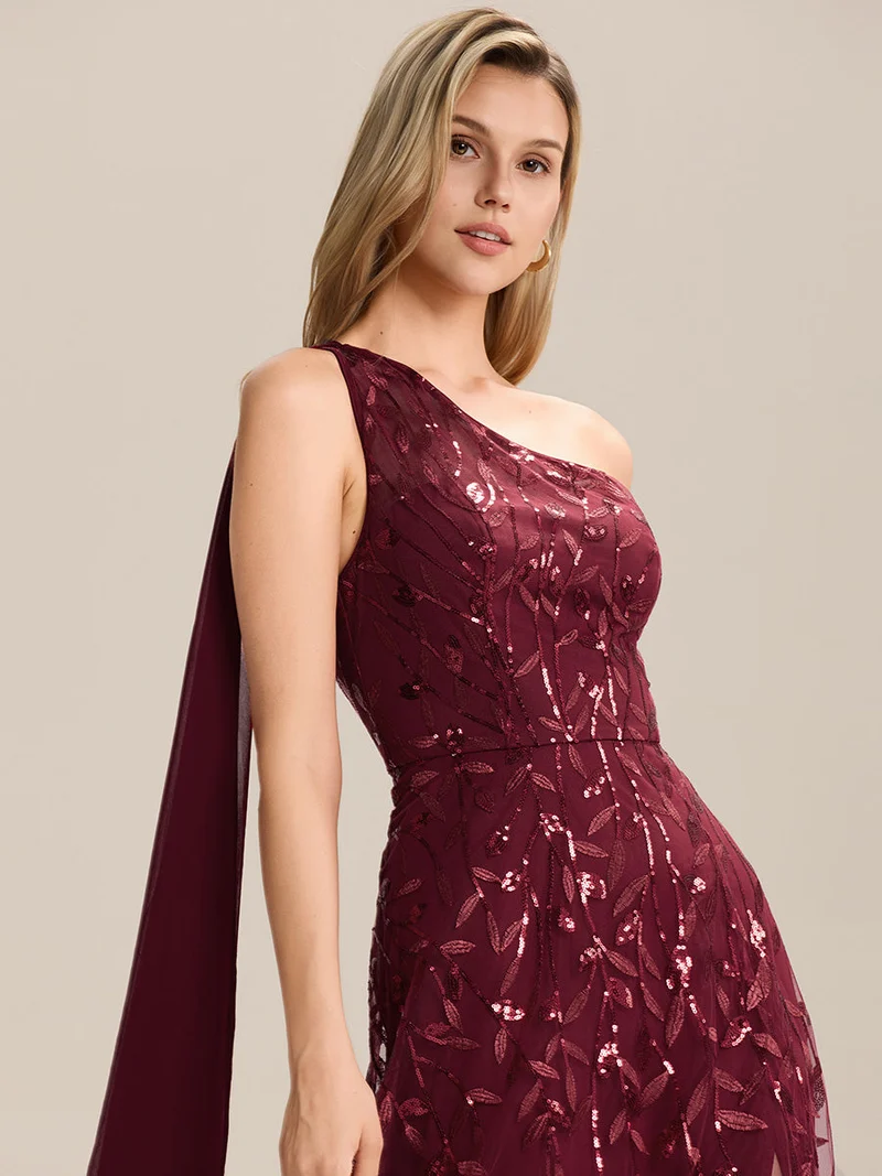 Robe d'invitée de mariage à une épaule et à paillettes avec rubans fluides