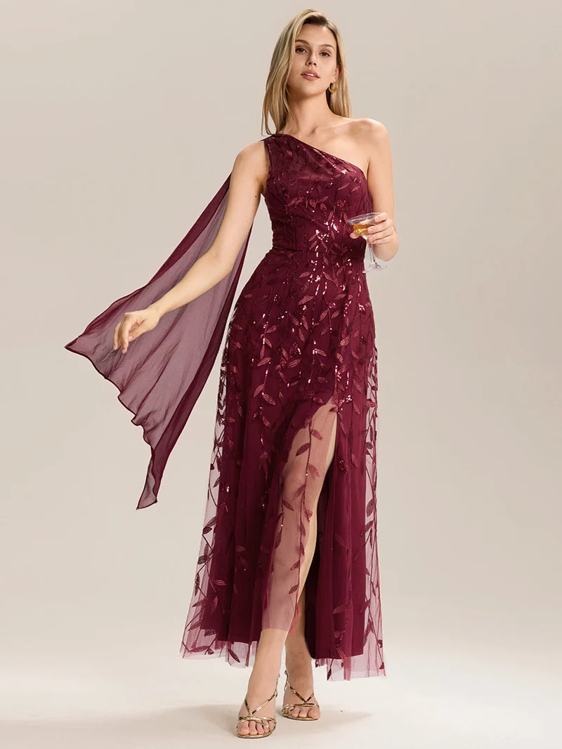 Robe d'invitée de mariage à une épaule et à paillettes avec rubans fluides