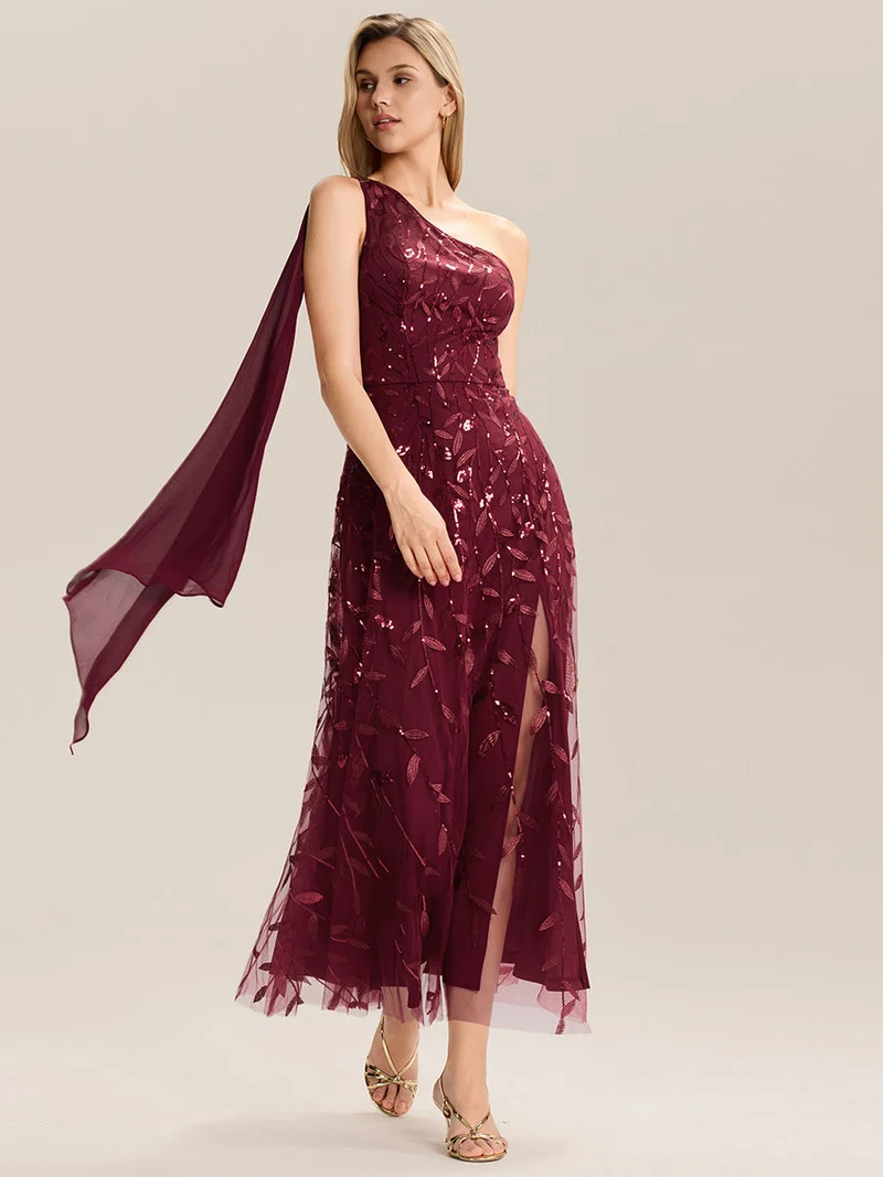 Robe d'invitée de mariage à une épaule et à paillettes avec rubans fluides