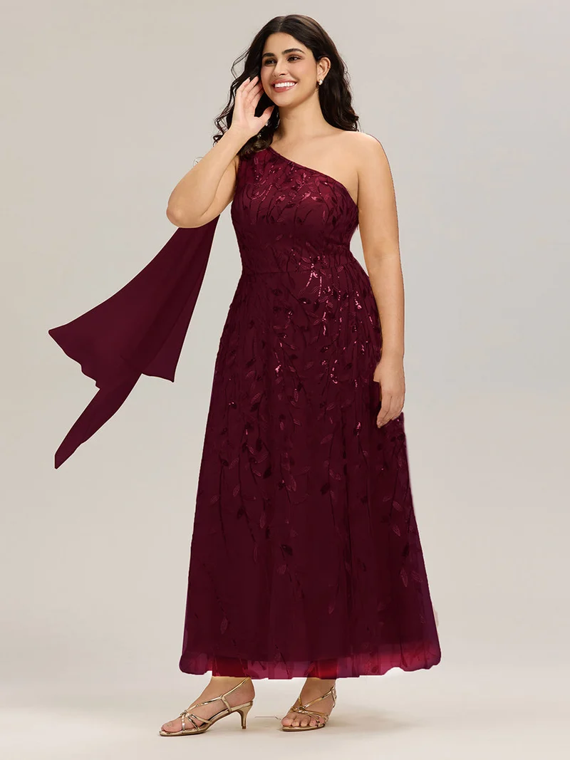 Robe d'invitée de mariage à une épaule et à paillettes avec rubans fluides