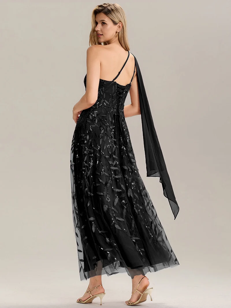 Robe d'invitée de mariage à une épaule et à paillettes avec rubans fluides