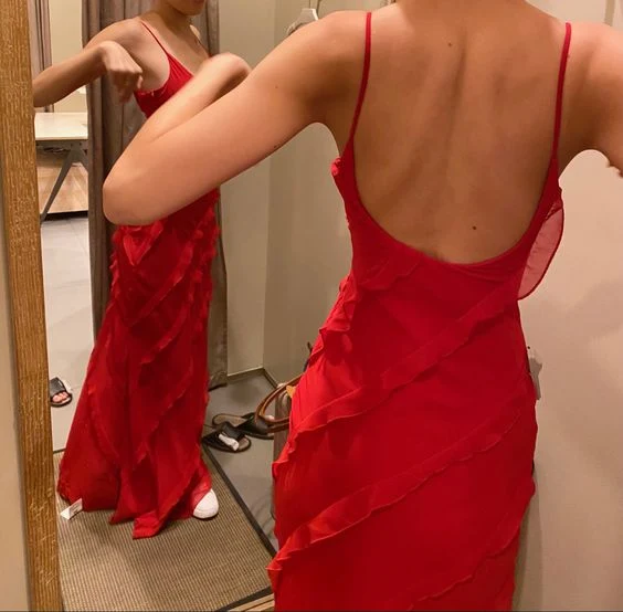 Robe de bal rouge en mousseline à volants, longueur au sol, sans manches, fermeture éclair, soutien-gorge intégré