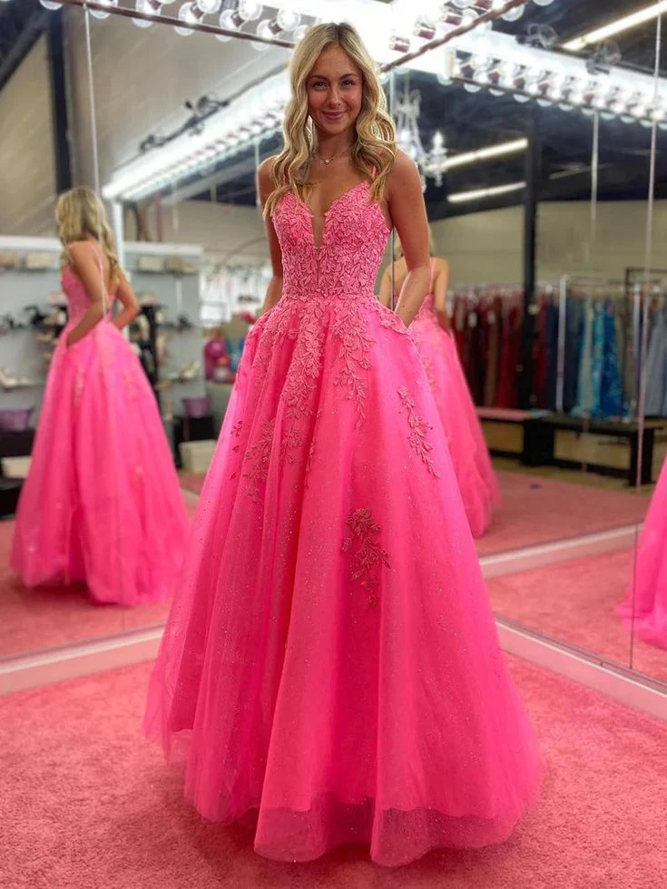 Robe de soirée longue rose en tulle et dentelle à col en V