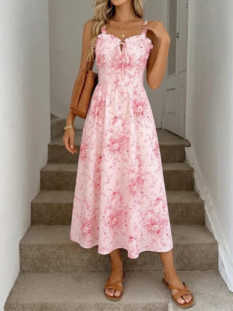 Robe été rose motif fleuri romantique