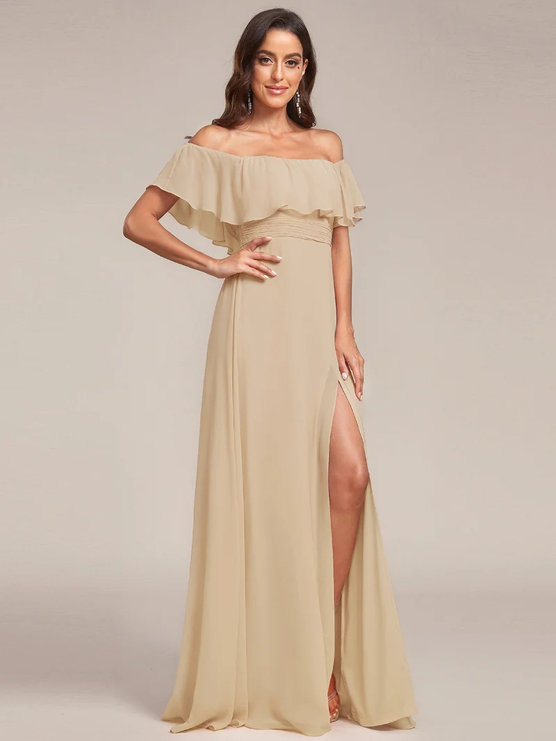 ever ÉMILE|Robe de demoiselle d'honneur en mousseline à épaules dénudées et fente haute (Vente finale)