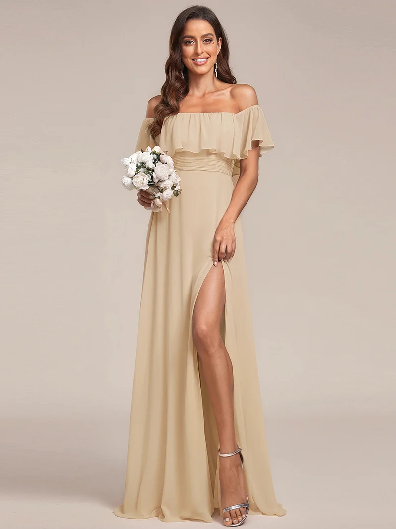ever ÉMILE|Robe de demoiselle d'honneur en mousseline à épaules dénudées et fente haute (Vente finale)