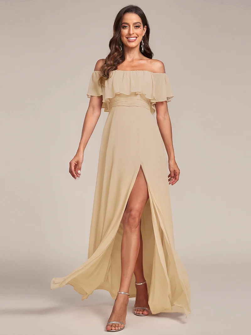 ever ÉMILE|Robe de demoiselle d'honneur en mousseline à épaules dénudées et fente haute (Vente finale)
