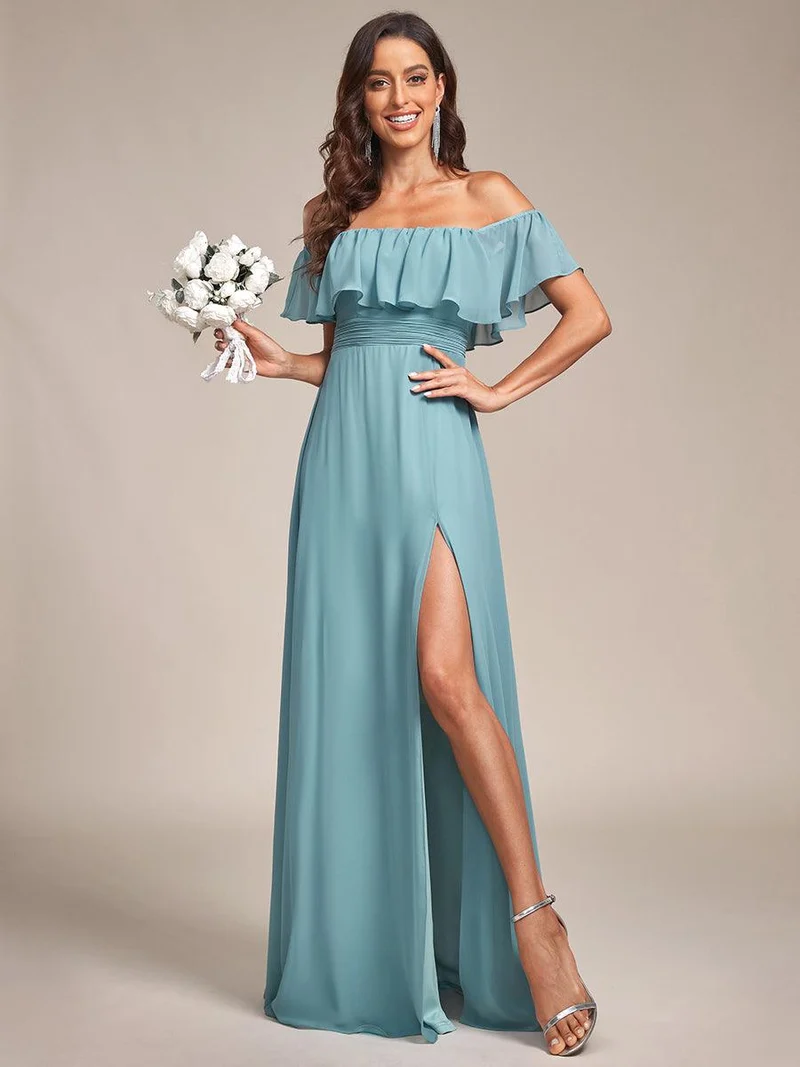 ever ÉMILE|Robe de demoiselle d'honneur en mousseline à épaules dénudées et fente haute (Vente finale)
