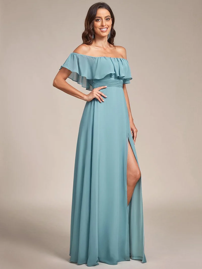 ever ÉMILE|Robe de demoiselle d'honneur en mousseline à épaules dénudées et fente haute (Vente finale)