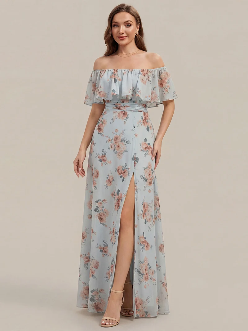 ever ÉMILE|Robe de demoiselle d'honneur en mousseline à épaules dénudées et fente haute (Vente finale)