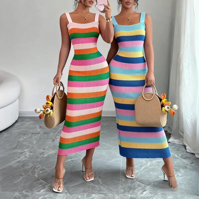 Robe d'été à rayures arc-en-ciel moulante