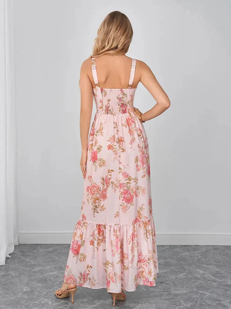 Robe d'été longue bohème rose à motifs floraux