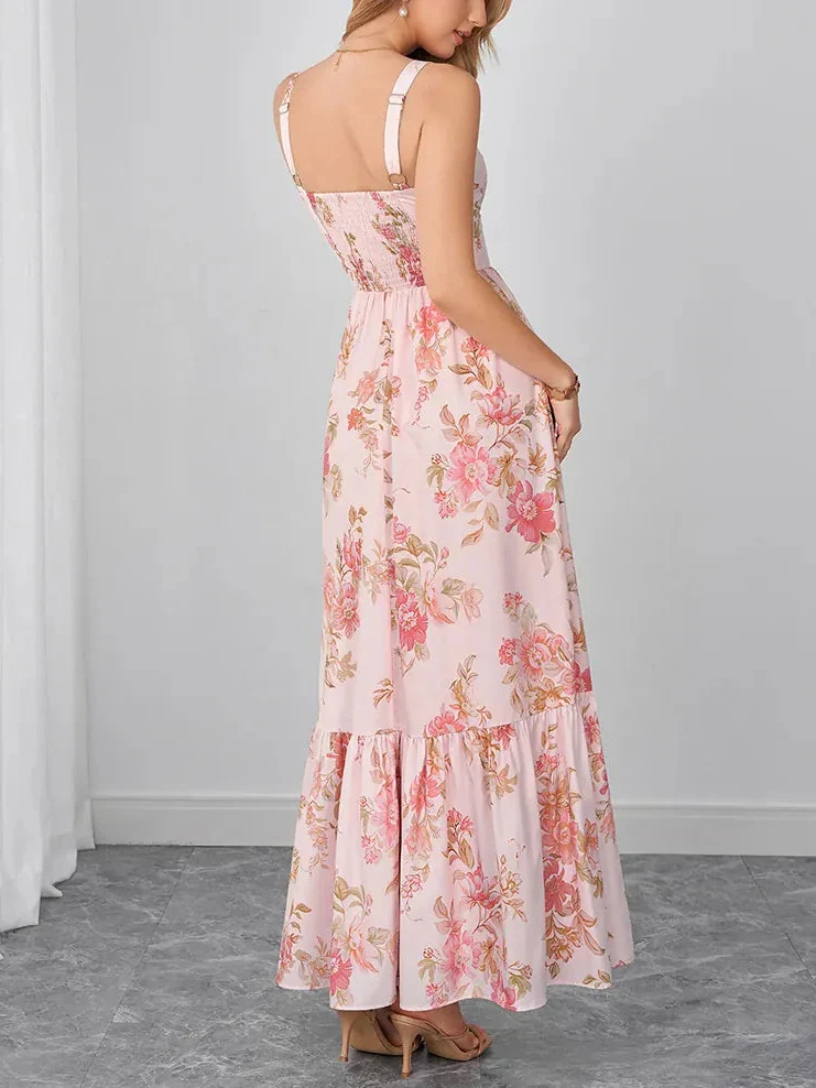 Robe d'été longue bohème rose à motifs floraux