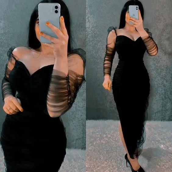 Robe de soirée fourreau en tulle à épaules dénudées et manches longues