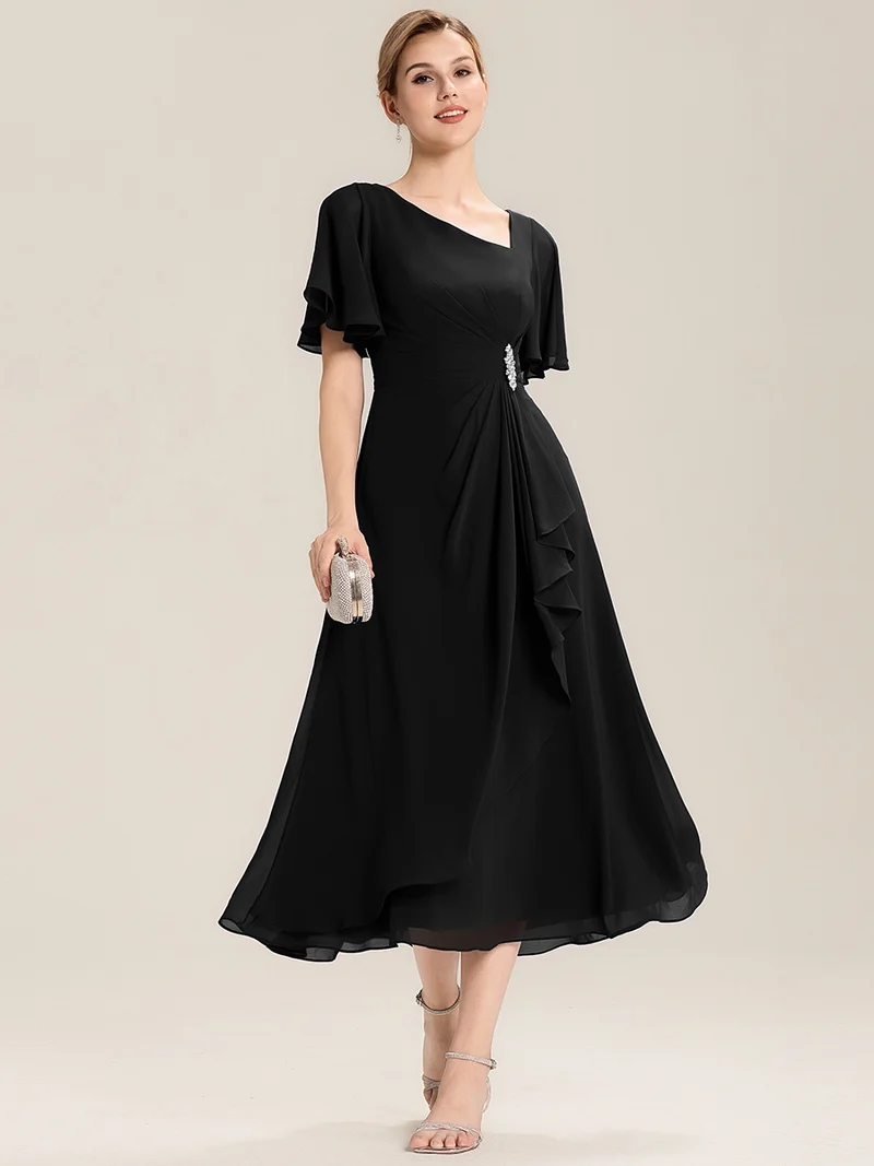 ever LILOU|Robe de soirée mi-longue en mousseline de soie à manches courtes