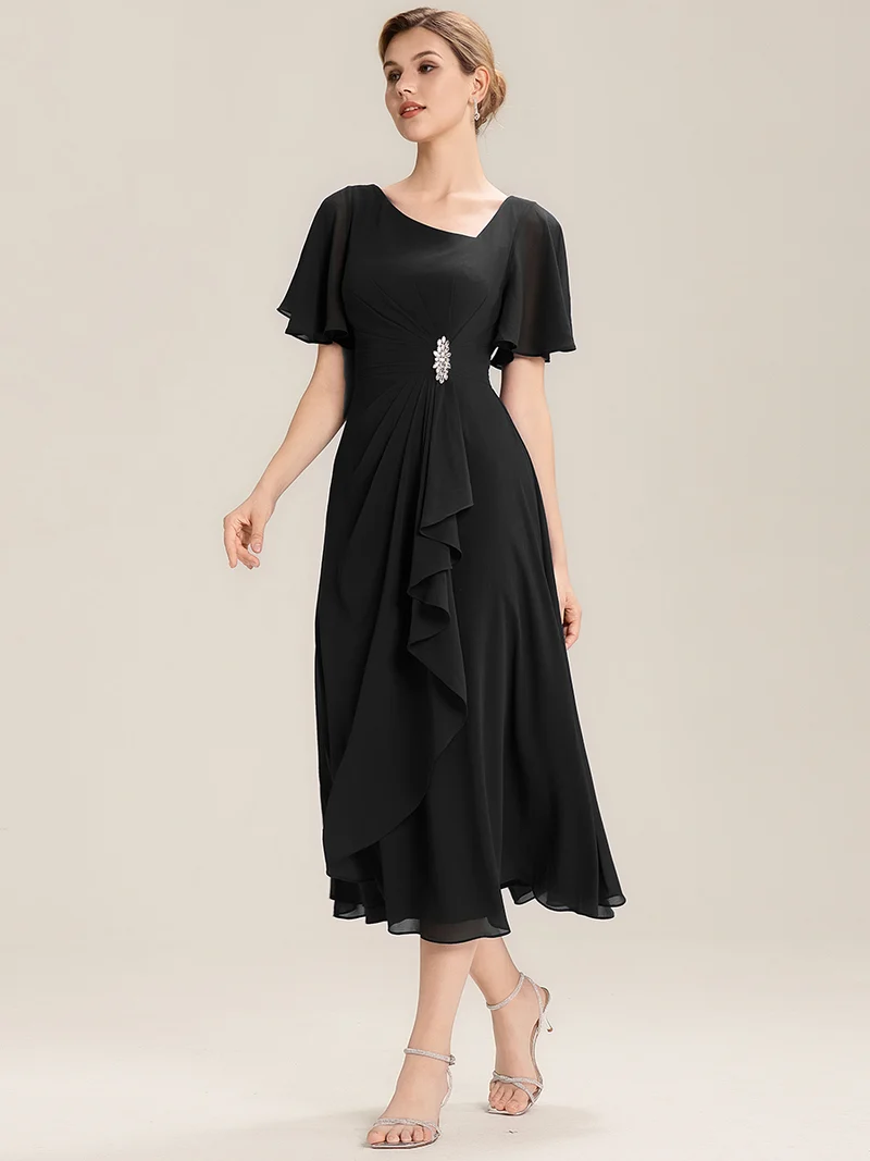 ever LILOU|Robe de soirée mi-longue en mousseline de soie à manches courtes