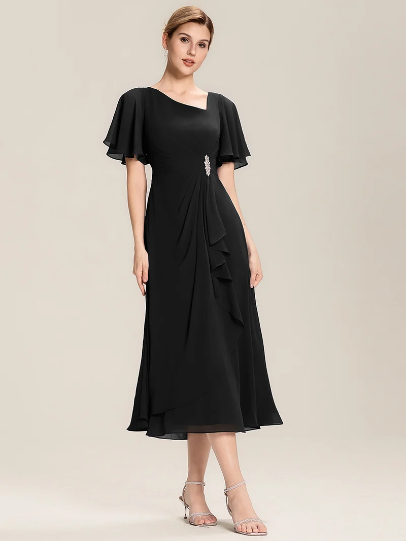 ever LILOU|Robe de soirée mi-longue en mousseline de soie à manches courtes