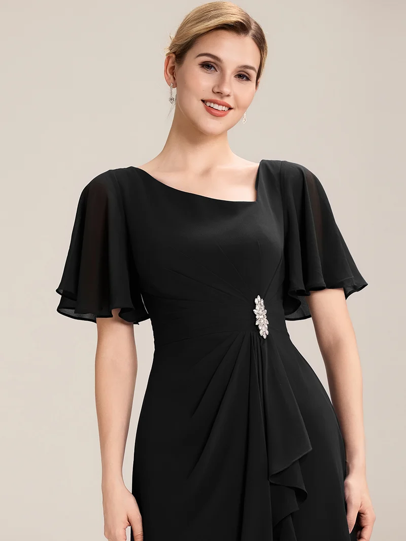 ever LILOU|Robe de soirée mi-longue en mousseline de soie à manches courtes