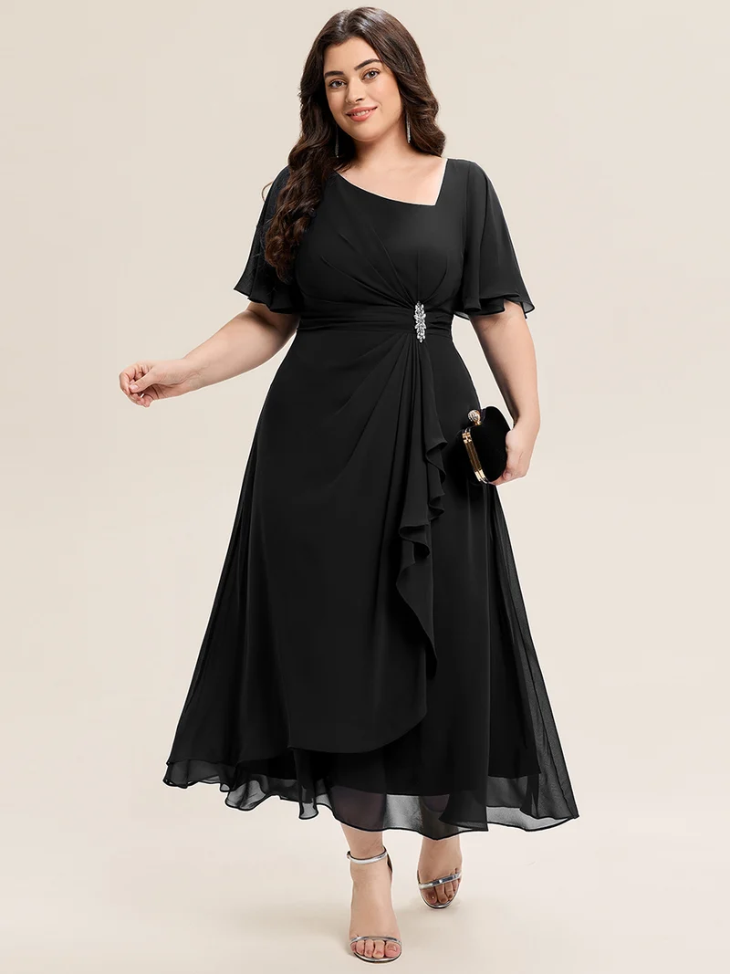 ever LILOU|Robe de soirée mi-longue en mousseline de soie à manches courtes