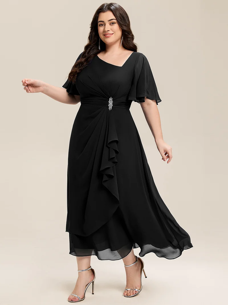 ever LILOU|Robe de soirée mi-longue en mousseline de soie à manches courtes