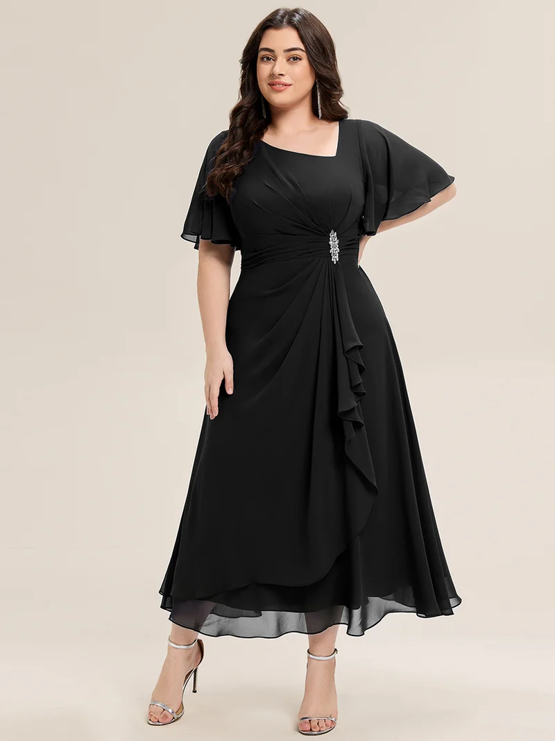 ever LILOU|Robe de soirée mi-longue en mousseline de soie à manches courtes