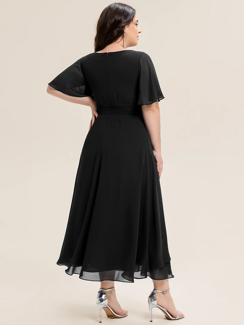 ever LILOU|Robe de soirée mi-longue en mousseline de soie à manches courtes